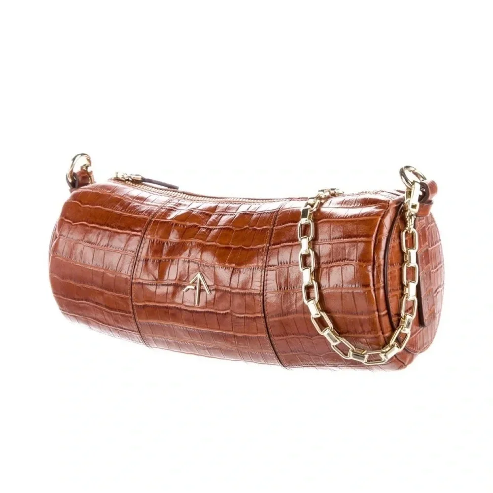 Manu Atelier Shoulder Bag  Brown Leather Gold-Tone Hardware ChainLink wide strap